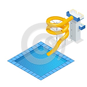 Isometric colourful water slide and tubes with pool, aquapark equipment, set for design. Swimming pool and water slides