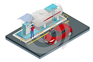 Isometric column with a hose for refueling car. Refueling Car fill with liquefied gas at gas station of car. Large