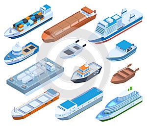 Isometric commercial sea ships, yacht, barge, cruise and sailing boats. Passenger, cargo sea ships, yacht and boat ship