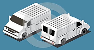 Isometric Commercial Vehicle. White Van on Blue Background. Front and Back View