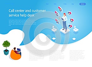 Isometric Communication support phone operator, Call center and Customer service help desk. Service desk consultant