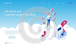 Isometric Communication support phone operator, Call center and Customer service help desk. Service desk consultant