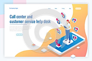 Isometric Communication support phone operator, Call center and Customer service help desk. Service desk consultant