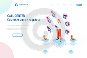 Isometric Communication support phone operator, Call center and Customer service help desk. Service desk consultant