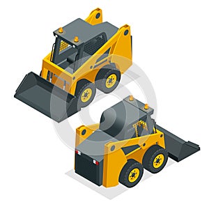 Isometric Compact Excavators. Orange wheel Steer Loader isolated on a white background