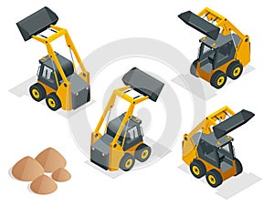 Isometric Compact Excavators. Orange wheel Steer Loader isolated on a white background