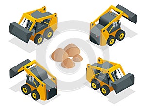 Isometric Compact Excavators. Orange wheel Steer Loader isolated on a white background