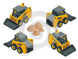 Isometric Compact Excavators. Orange wheel Steer Loader isolated on a white background