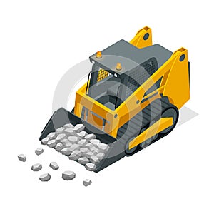 Isometric Compact Excavators. Yellow Skid Steer Loader. photo