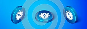 Isometric Compass icon isolated on blue background. Windrose navigation symbol. Wind rose sign. Blue circle button
