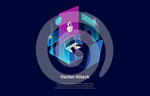 Isometric Composition In Cartoon 3D Style. Vector Illustration On Dark Background With Text And Elements. Hacker Attack