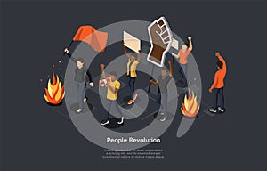 Isometric Composition On Dark Background. Vector 3D Illustration In Cartoon Style. People Revolution, Mass Rebellion