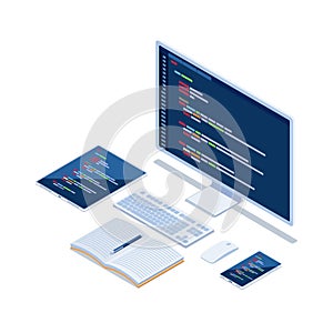 Isometric Computer Code on Monitor Smartphone and Tablet Developing Cross Platform Website