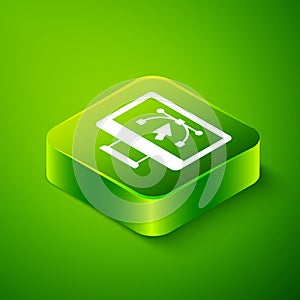 Isometric Computer display with vector design program icon isolated on isolated on green background. Photo editor