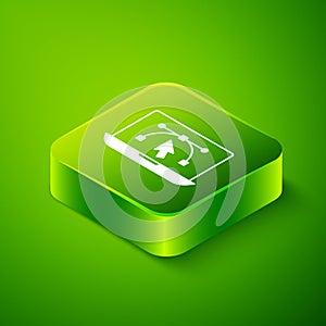 Isometric Computer display with vector design program icon isolated on isolated on green background. Photo editor
