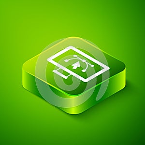 Isometric Computer display with vector design program icon isolated on isolated on green background. Photo editor