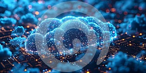 Isometric computer icons in white and blue colors with space for tech services or cloud storage.