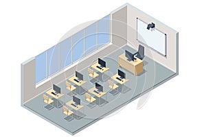 Isometric computer lab. Computer education in classroom. Computer classroom