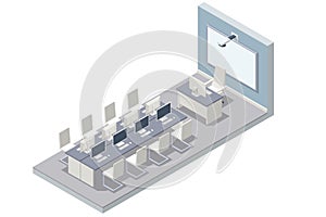 Isometric computer lab. Computer education in classroom. Computer classroom