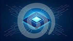 Isometric Computer Microchip With Glowing Circuitry processor technology