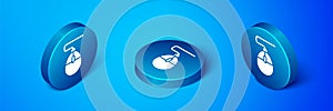 Isometric Computer mouse gaming icon isolated on blue background. Optical with wheel symbol. Blue circle button. Vector