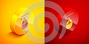 Isometric Computer mouse gaming icon isolated on orange and red background. Optical with wheel symbol. Circle button