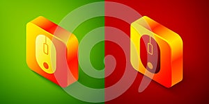 Isometric Computer mouse icon isolated on green and red background. Optical with wheel symbol. Square button. Vector