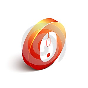 Isometric Computer mouse icon isolated on white background. Optical with wheel symbol. Orange circle button. Vector
