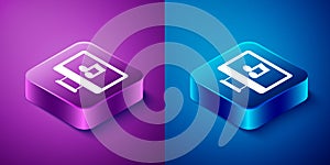 Isometric Computer with music note symbol on screen icon isolated on blue and purple background. Square button. Vector