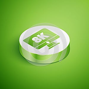 Isometric Computer PC monitor display with 8k video technology icon isolated on green background. White circle button