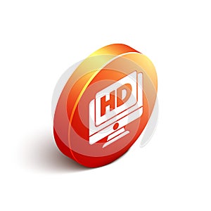 Isometric Computer PC monitor display with HD video technology icon isolated on white background. Orange circle button