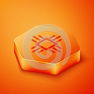 Isometric Computer processor with microcircuits CPU icon isolated on orange background. Chip or cpu with circuit board