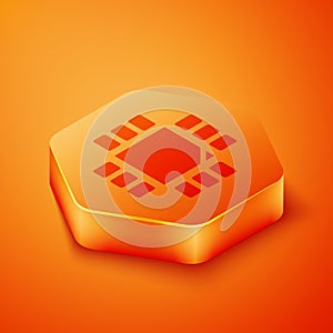 Isometric Computer processor with microcircuits CPU icon isolated on orange background. Chip or cpu with circuit board