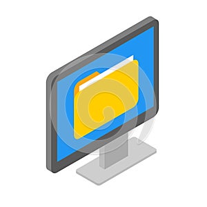 Isometric computer screen with document folder isolated