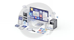 Isometric Desktop Computer Illustration with Data Analytics and Cloud Connectivity on White Background for Software and