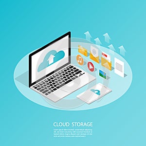 Isometric computer smartphone,upload cloud storage backup anywhere vector