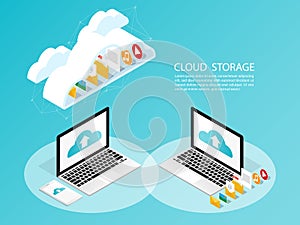Isometric computer smartphone,upload cloud storage backup anywhere vector