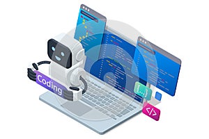 Isometric concept of AI coding assistant helping programmer write and optimize code. Artificial intelligence in software