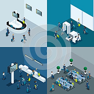 Isometric concept of airport operation, business trip, passport control, baggage claim, 4 concept situations