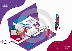 Isometric concept with books and characters for learning or teaching, education