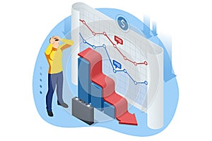 Isometric Concept of Business Decline Downward Arrow Trend, Bankruptcy, Bankruptcy, Bad Economy Reduction, Budget