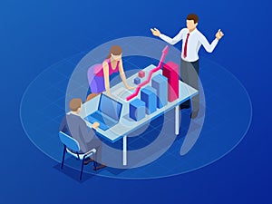 Isometric concept for business teamwork and digital marketing, creative innovation. Web banner flat design of promotion