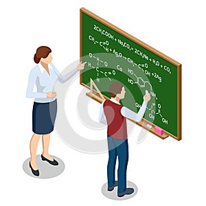 Isometric concept of chemistry lesson. Chemistry school subject. Schoolboy is standing near blackboard and answer about