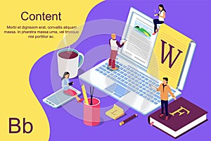 Isometric concept creative writing or blogging, education and content management for web page,