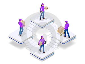 Isometric concept of delivery man and woman in uniform holding boxes and documents in different poses. Collection