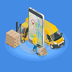 Isometric concept of Delivery service app on mobile phone. Delivery van and mobile phone with map on city background.