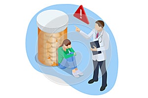 Isometric concept of dependence on pills, drugs, antidepressants. Healthcare and medical, addiction recovery. Concept