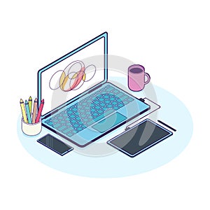 Isometric concept of designer workplace with computer and graphics tablet.