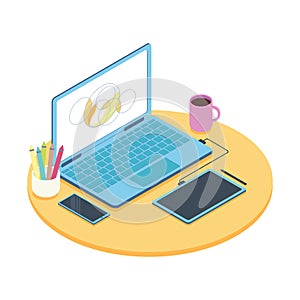 Isometric concept of designer workplace with computer and graphics tablet.