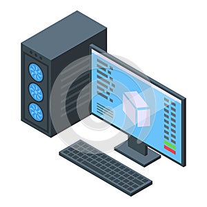 Isometric concept of desktop computer with code on screen